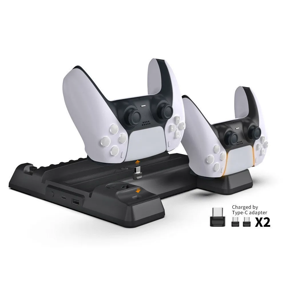 PS5 cooling fan and controller charging dock with disc storage slots, black colour
