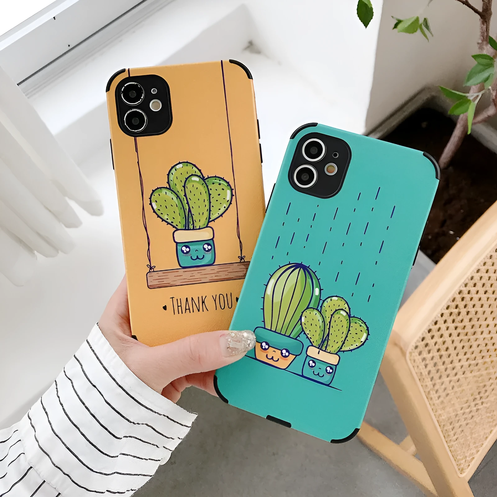 Cactus embossed leather-look TPU phone case for Apple iPhone, Blue and Khaki colours