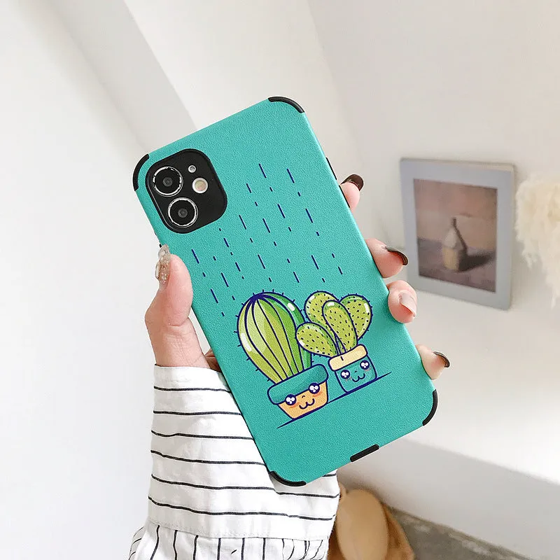 Cactus embossed leather-look TPU phone case for Apple iPhone, Blue and Khaki colours