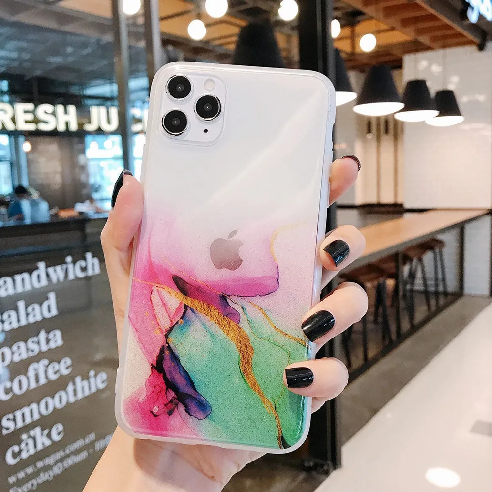 Gradient silicone phone case with glitter finish for Apple iPhone showing back cover design
