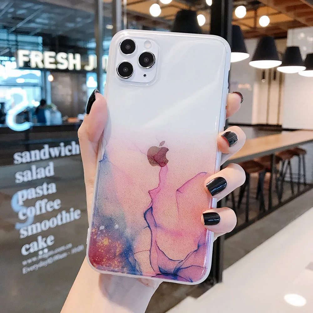 Gradient silicone phone case with glitter finish for Apple iPhone showing back cover design