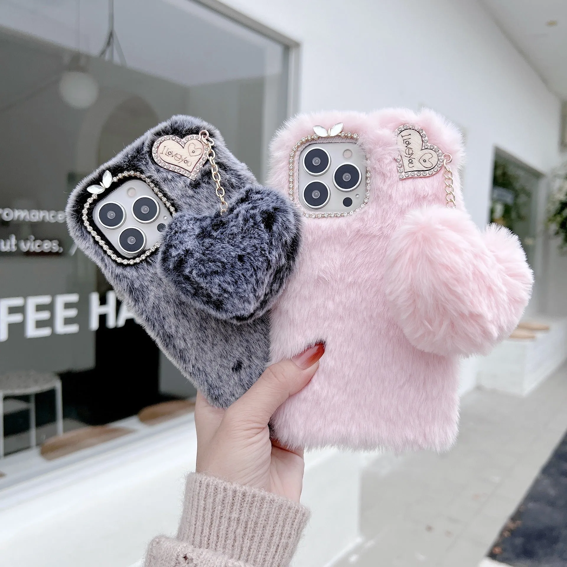 Winter plush solid colour back cover for iPhone 11 in pink
