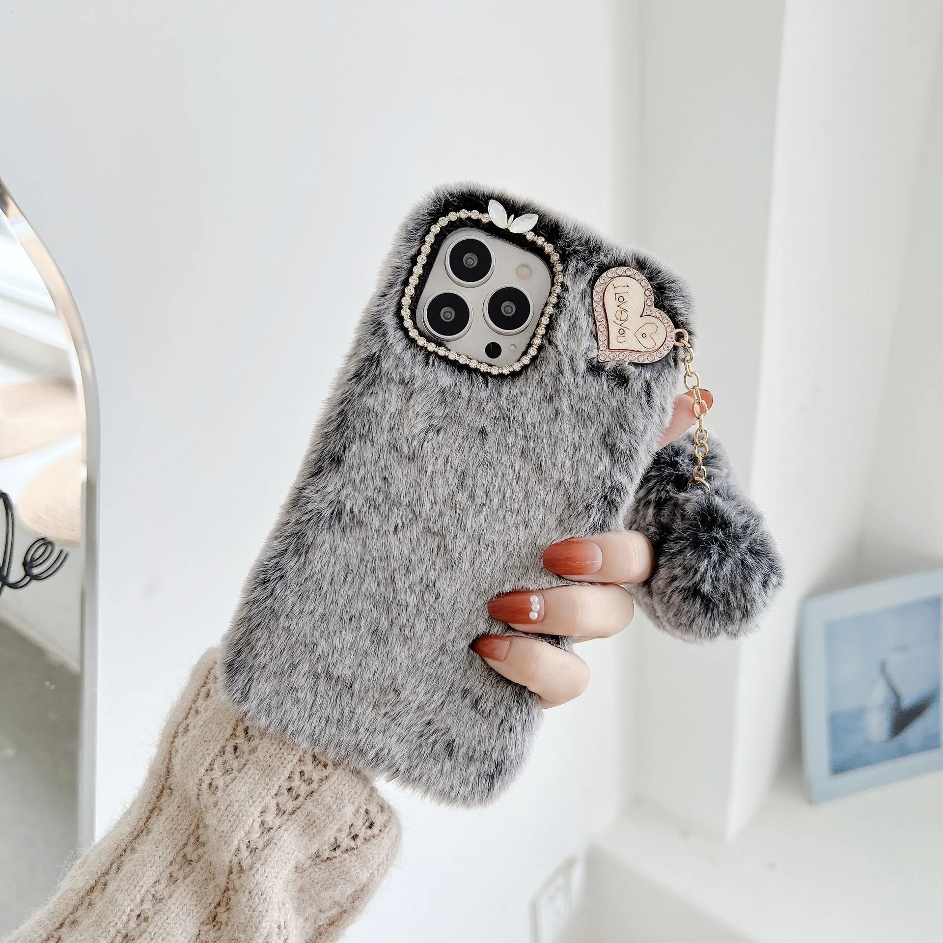 Winter plush solid colour back cover for iPhone 11 in pink