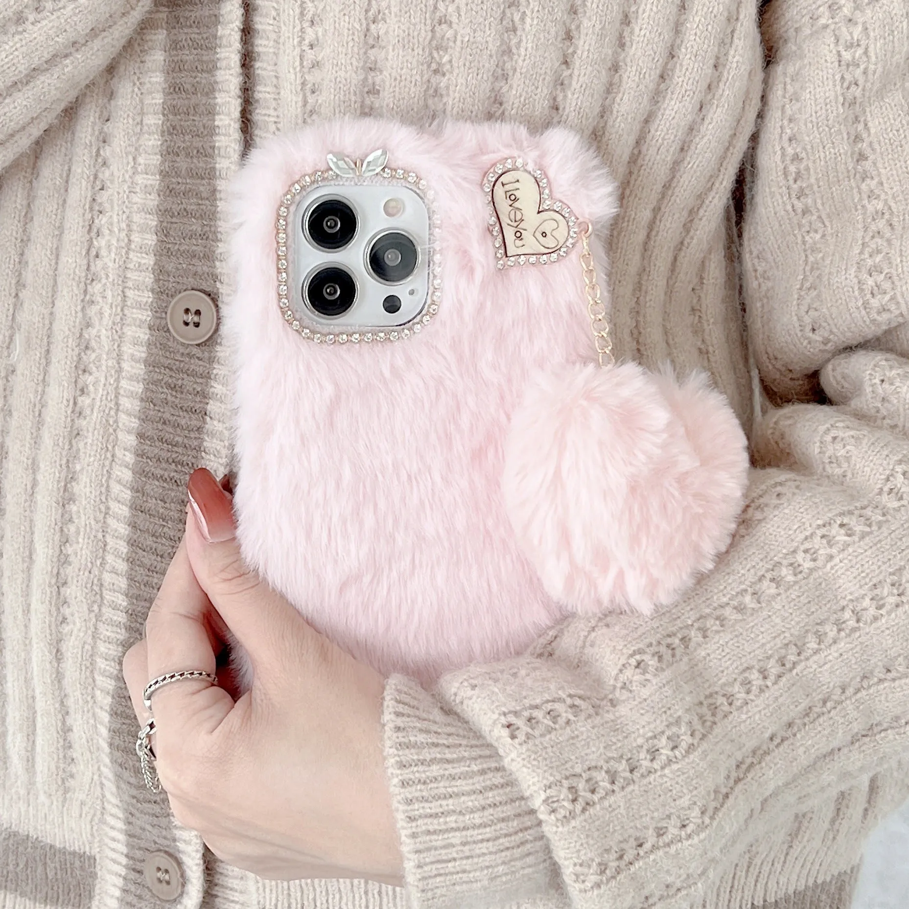 Winter plush solid colour back cover for iPhone 11 in pink