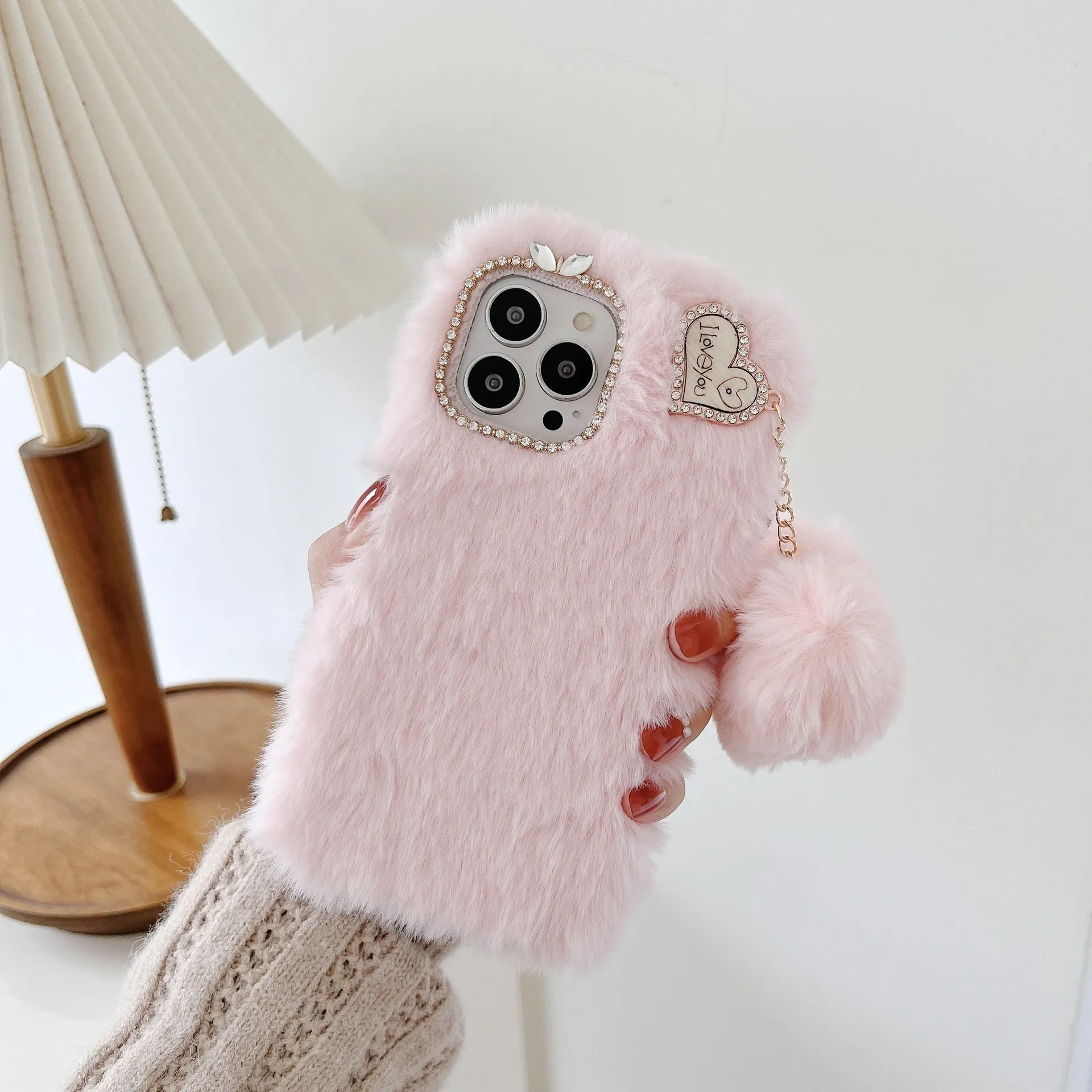 Winter plush solid colour back cover for iPhone 11 in pink