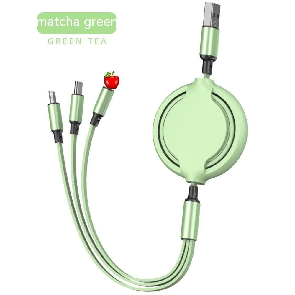 Multifunctional liquid silicone three-in-one charging cable 1.2m with Micro USB Type-C and Apple connectors in green
