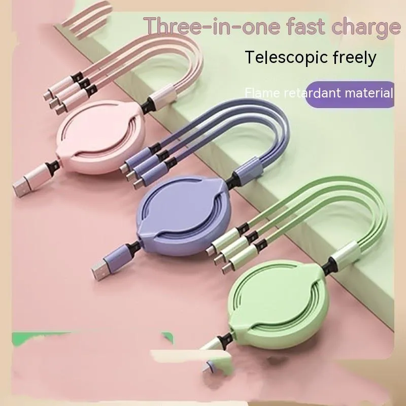 Multifunctional liquid silicone three-in-one charging cable 1.2m with Micro USB Type-C and Apple connectors in green