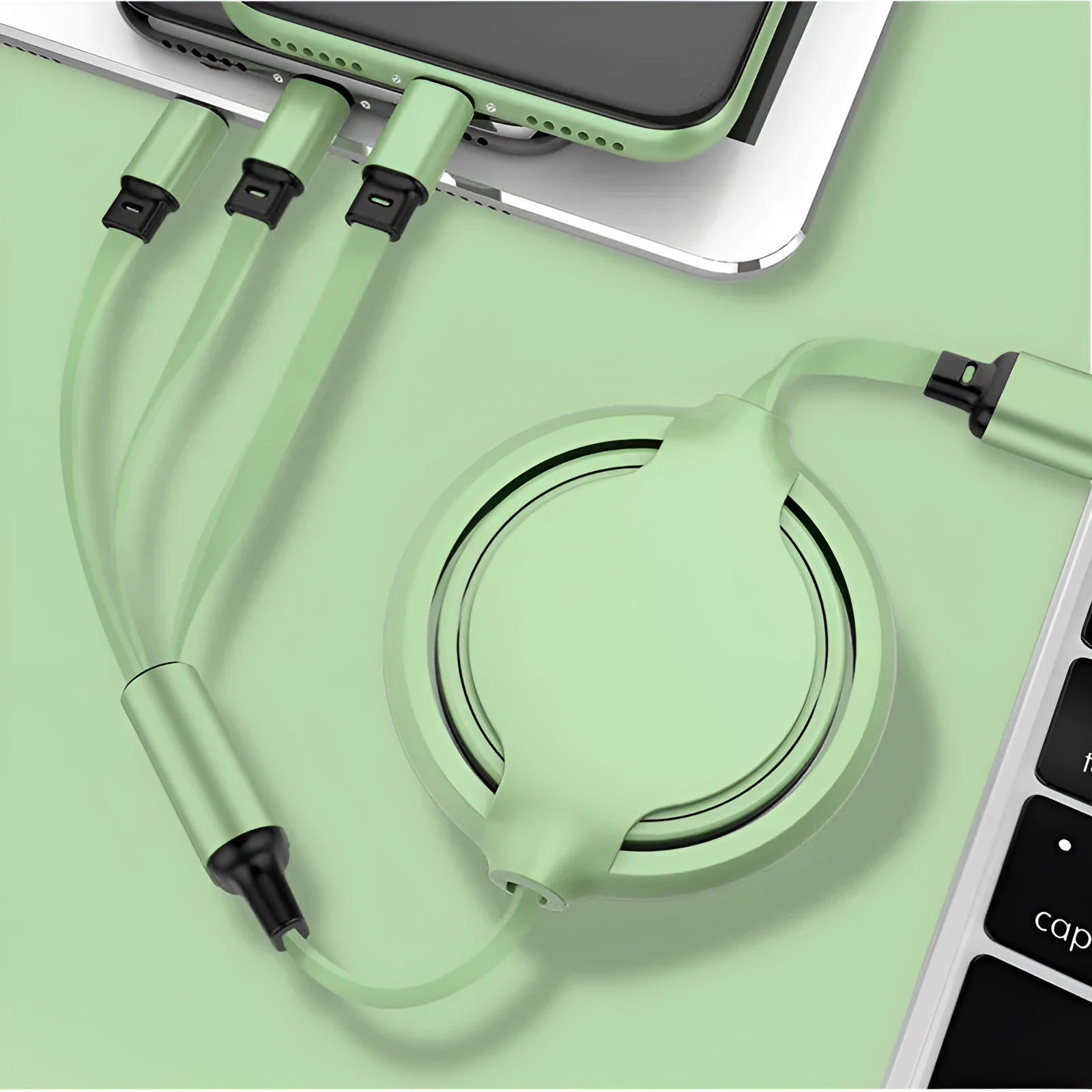 Multifunctional liquid silicone three-in-one charging cable 1.2m with Micro USB Type-C and Apple connectors in green
