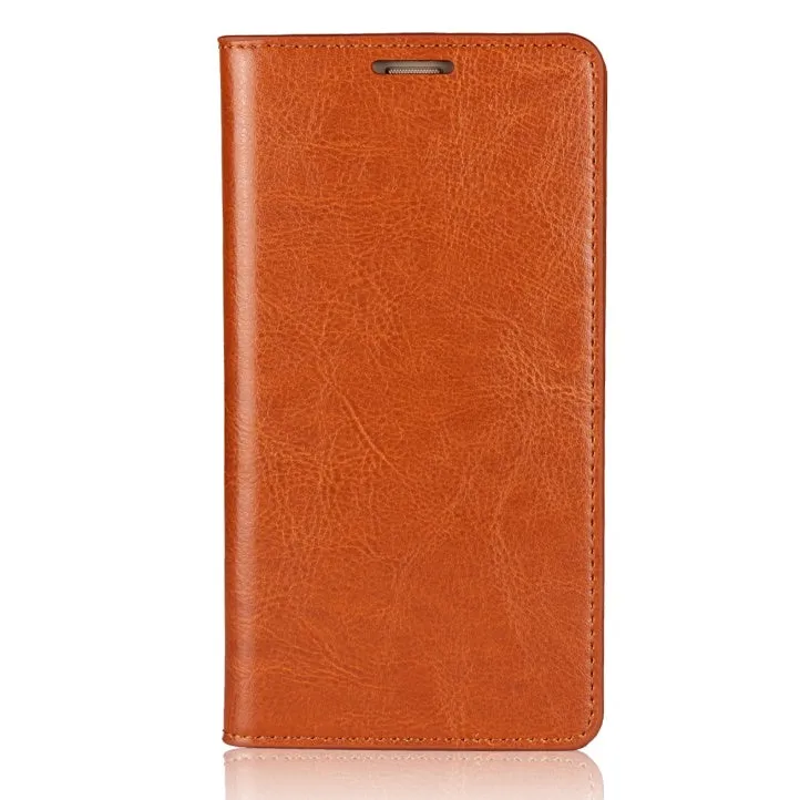 Genuine leather flip wallet case for iPhone XR with crazy horse pattern in brown colour, showing card slots