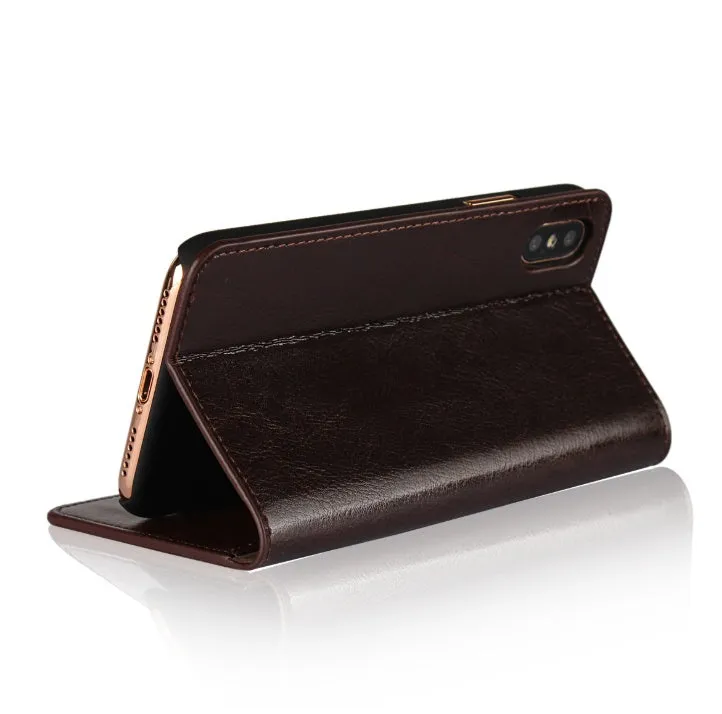 Genuine leather flip wallet case for iPhone XR with crazy horse pattern in brown colour, showing card slots