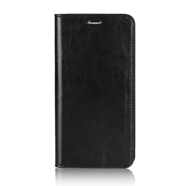 Genuine leather flip wallet case for iPhone XR with crazy horse pattern in brown colour, showing card slots