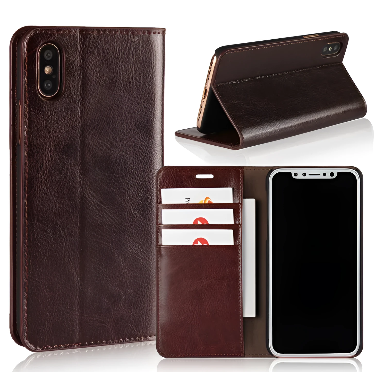 Genuine leather flip wallet case for iPhone XR with crazy horse pattern in brown colour, showing card slots