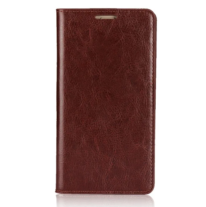 Genuine leather flip wallet case for iPhone XR with crazy horse pattern in brown colour, showing card slots