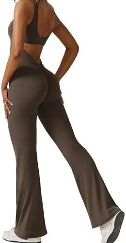Women's sleeveless flare jumpsuit yoga pants in high-elasticity polyester