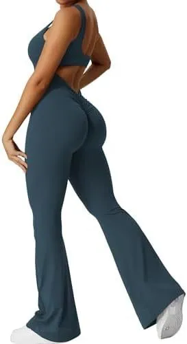 Women's sleeveless flare jumpsuit yoga pants in high-elasticity polyester