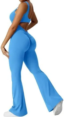 Women's sleeveless flare jumpsuit yoga pants in high-elasticity polyester
