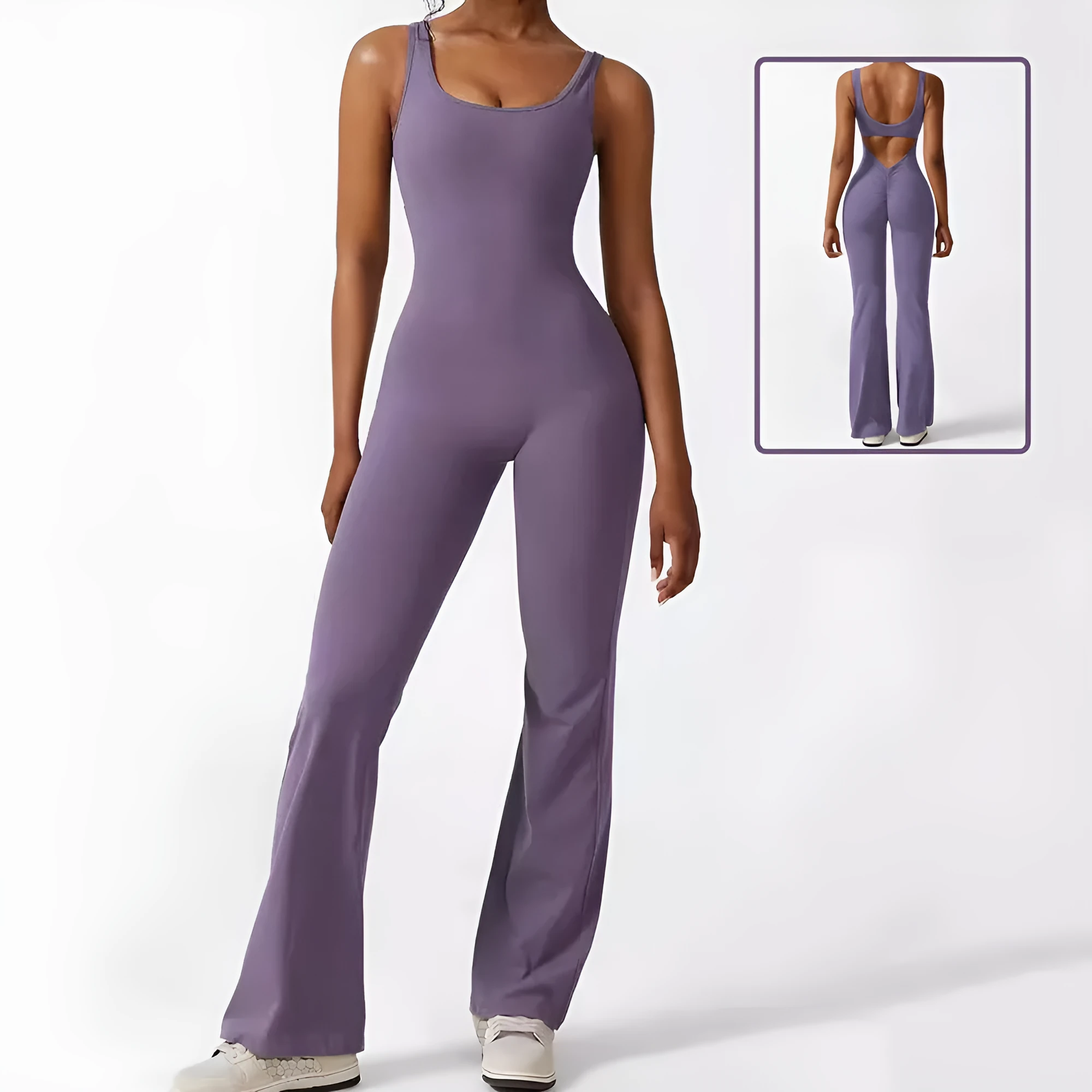 Women's sleeveless flare jumpsuit yoga pants in high-elasticity polyester