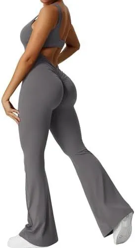 Women's sleeveless flare jumpsuit yoga pants in high-elasticity polyester
