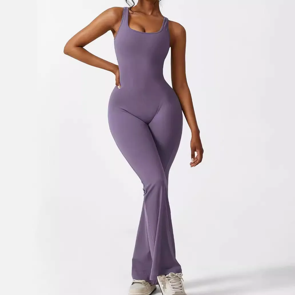 Women's sleeveless flare jumpsuit yoga pants in high-elasticity polyester