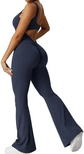 Women's sleeveless flare jumpsuit yoga pants in high-elasticity polyester