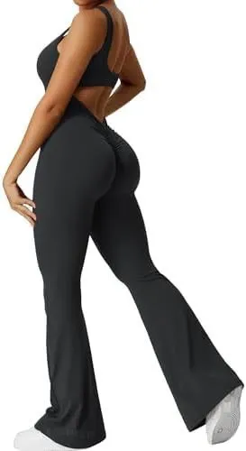 Women's sleeveless flare jumpsuit yoga pants in high-elasticity polyester