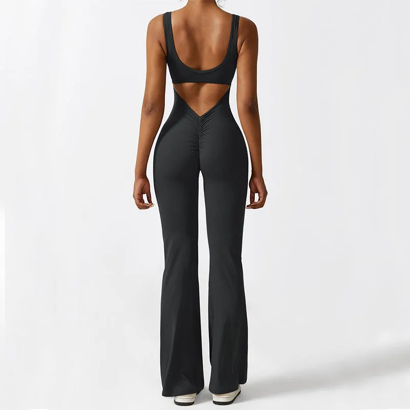Women's sleeveless flare jumpsuit yoga pants in high-elasticity polyester