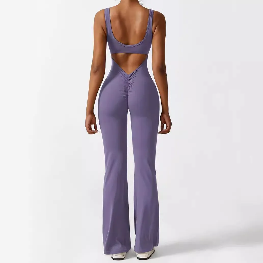 Women's sleeveless flare jumpsuit yoga pants in high-elasticity polyester