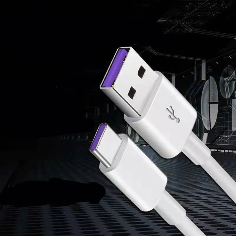 White PVC Type-C 5A super fast charging data cable 1 metre length on plain background