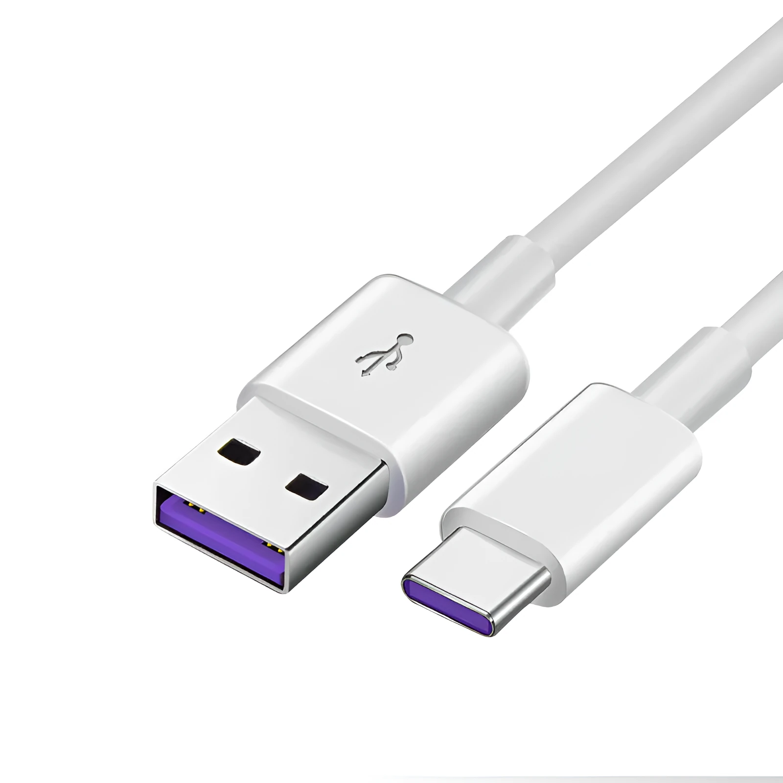 White PVC Type-C 5A super fast charging data cable 1 metre length on plain background