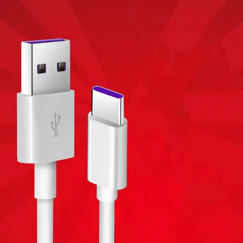 White PVC Type-C 5A super fast charging data cable 1 metre length on plain background