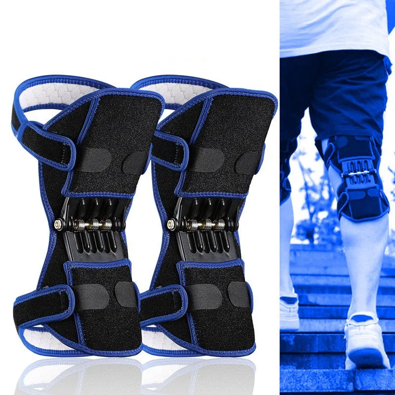 Black spring knee brace support with adjustable straps and visible venting holes, shown on a knee.