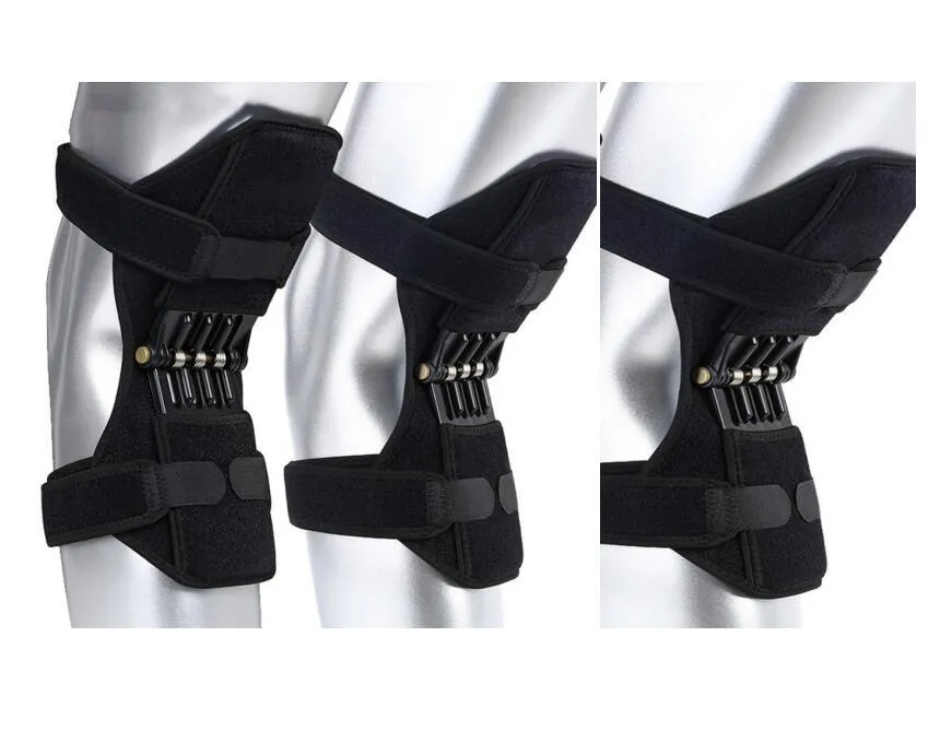 Black spring knee brace support with adjustable straps and visible venting holes, shown on a knee.