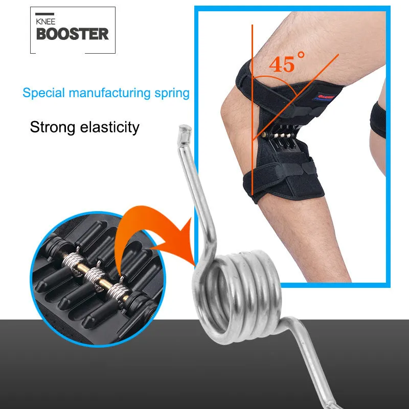 Black spring knee brace support with adjustable straps and visible venting holes, shown on a knee.