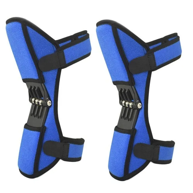 Black spring knee brace support with adjustable straps and visible venting holes, shown on a knee.