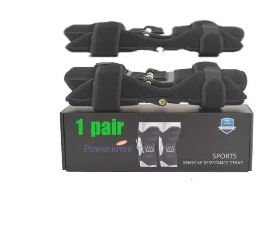 Black spring knee brace support with adjustable straps and visible venting holes, shown on a knee.