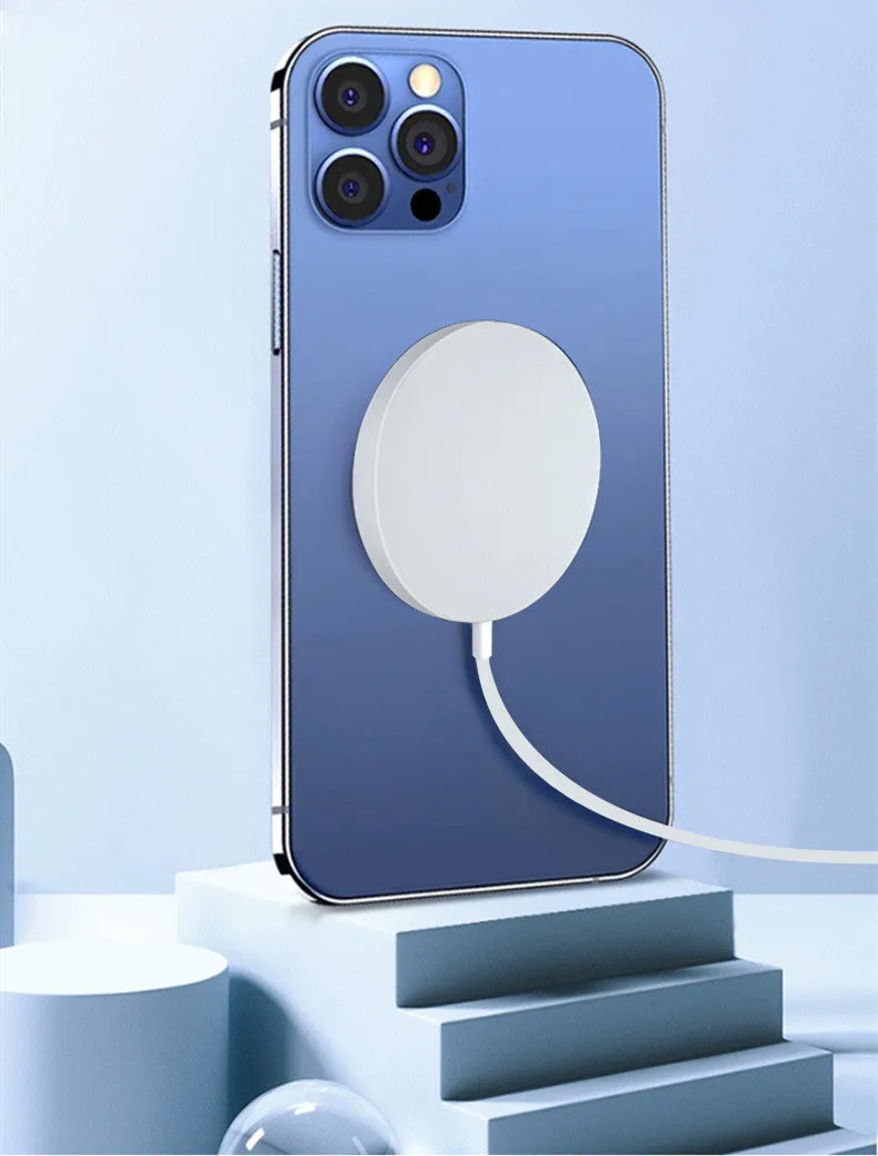 White 15W magnetic wireless charger for MagSafe iPhones on desk with 1m cable