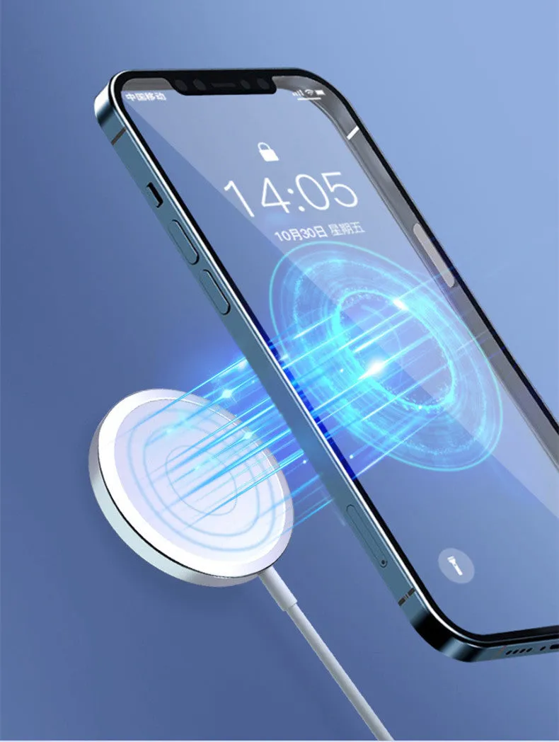 White 15W magnetic wireless charger for MagSafe iPhones on desk with 1m cable