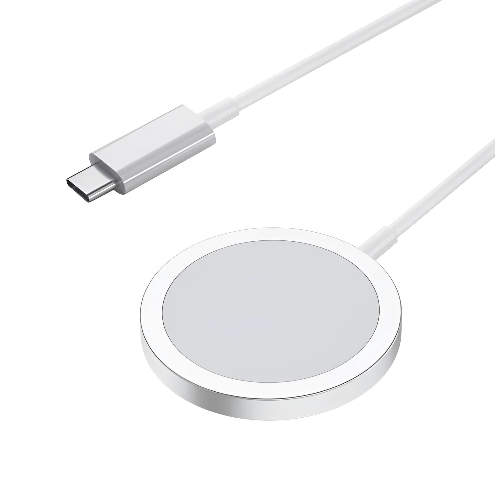White 15W magnetic wireless charger for MagSafe iPhones on desk with 1m cable