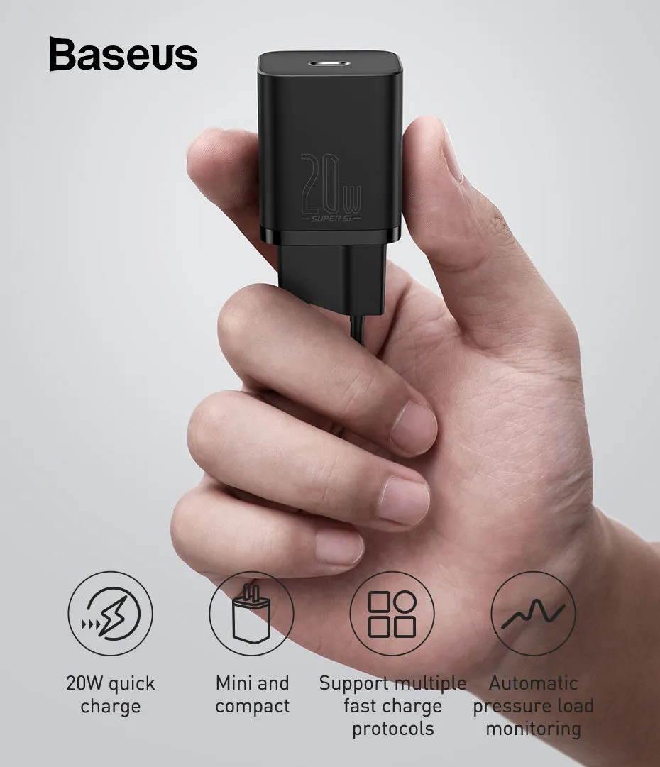 Baseus Super Si 20W EU USB-C fast charger in black with European plug pins, compatible with iPhone