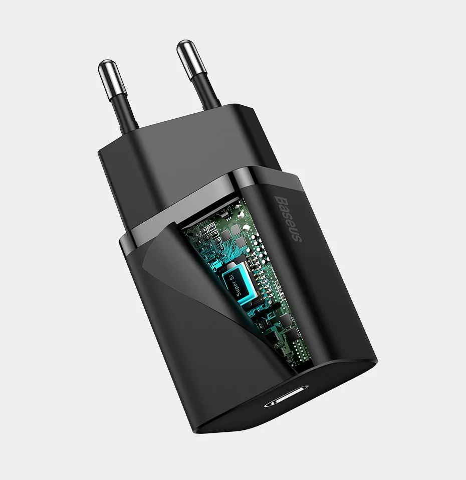 Baseus Super Si 20W EU USB-C fast charger in black with European plug pins, compatible with iPhone