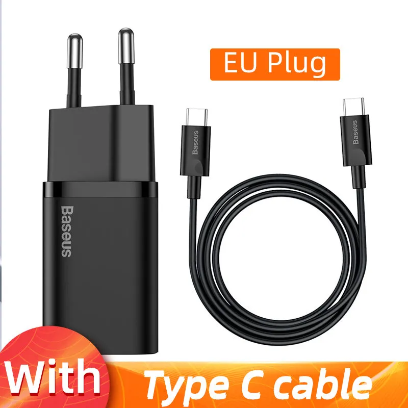 Baseus Super Si 20W EU USB-C fast charger in black with European plug pins, compatible with iPhone