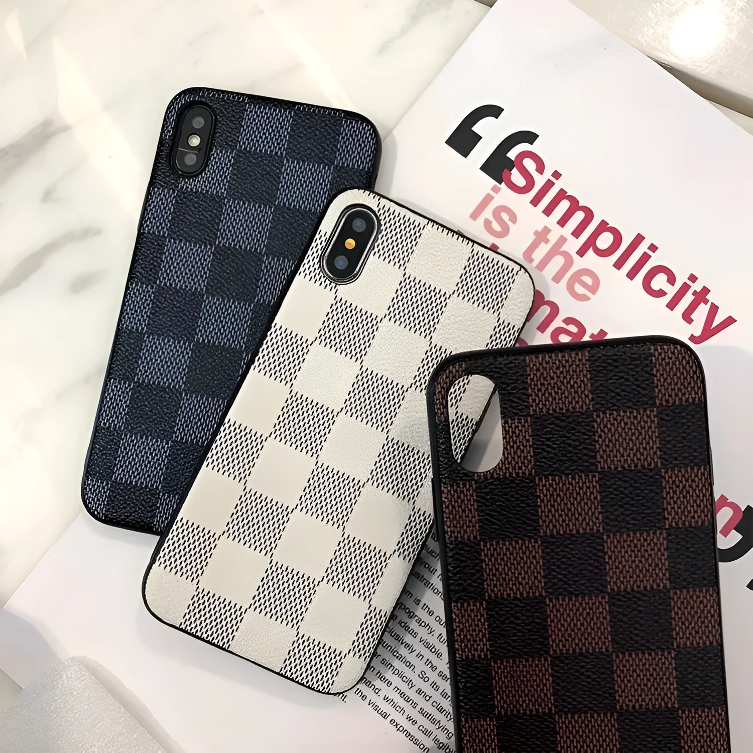 Blue PC leather check phone case with lattice and floral laminated pattern for Apple iPhone