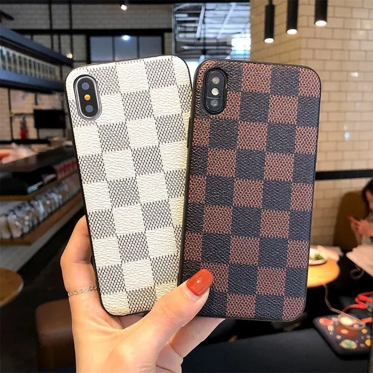 Blue PC leather check phone case with lattice and floral laminated pattern for Apple iPhone
