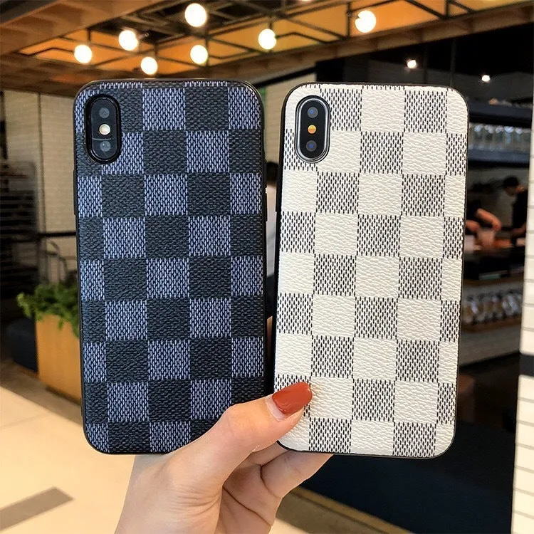 Blue PC leather check phone case with lattice and floral laminated pattern for Apple iPhone