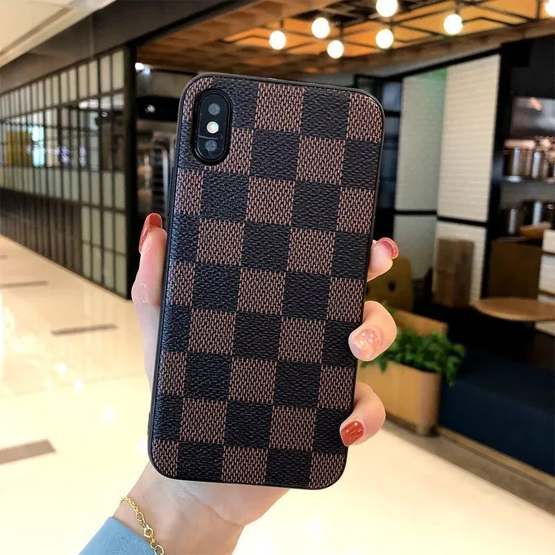 Blue PC leather check phone case with lattice and floral laminated pattern for Apple iPhone