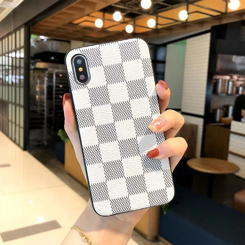 Blue PC leather check phone case with lattice and floral laminated pattern for Apple iPhone
