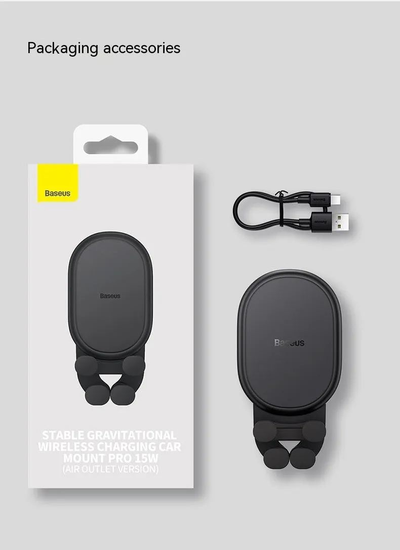 Car phone holder wireless charger with gravity sensor anti-shake design in black on a dashboard