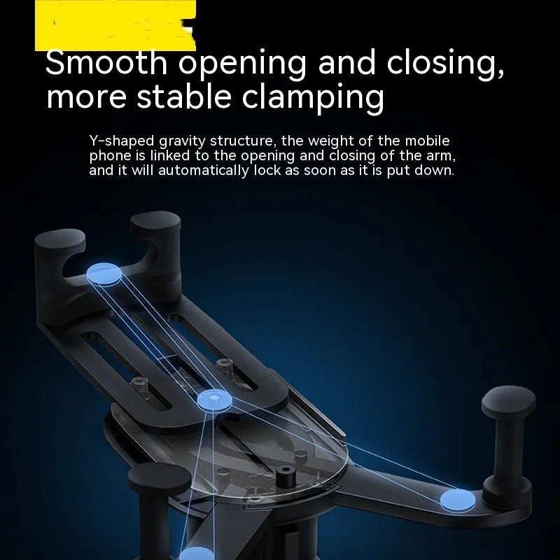 Car phone holder wireless charger with gravity sensor anti-shake design in black on a dashboard