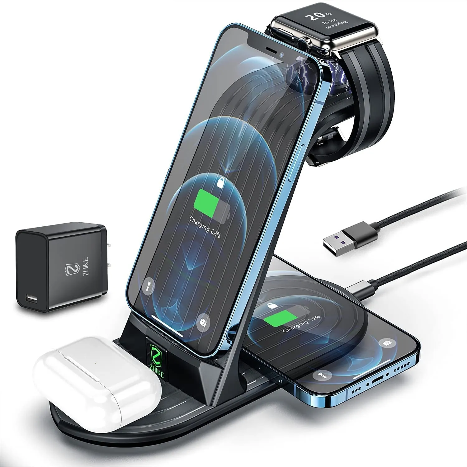 Black four-in-one wireless charger station for iPhone iWatch headset with 20W fast charging and USB cable adapter