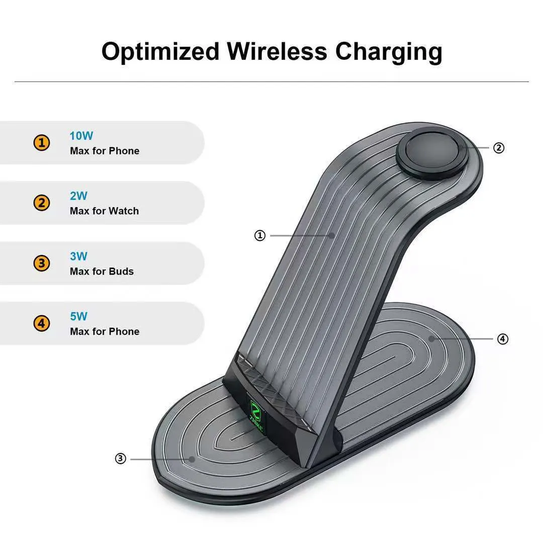 Black four-in-one wireless charger station for iPhone iWatch headset with 20W fast charging and USB cable adapter